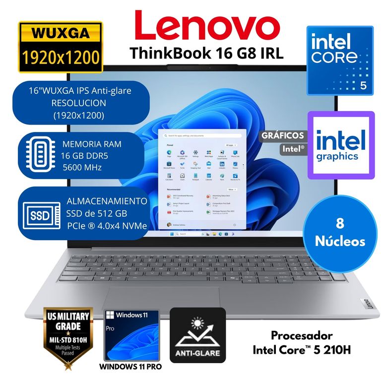 Laptop ThinkBook Intel Core 5 RAM 16 GB SSD 512 GB 16"WUXGA Windows 11 PRO
