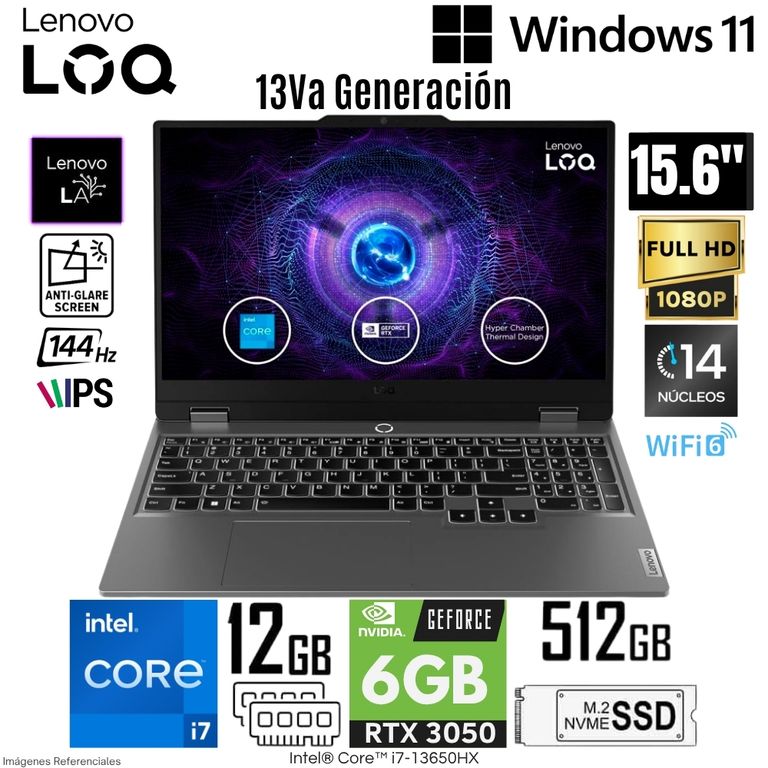 Laptop LOQ Intel Core i7-13650HX 12GB DDR5 RAM 512GB SSD RTX 3050-6GB 15.6" FHD Luna Grey
