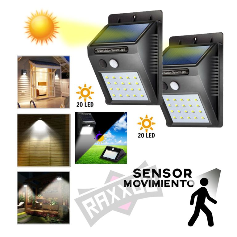 Kit 2 foco lampara led luz solar con sensor movimiento 20 led reflect