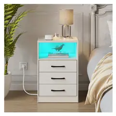 TU MESITA - Velador Multifuncional con Luz y Panel de Enchufes Lumi Blanco