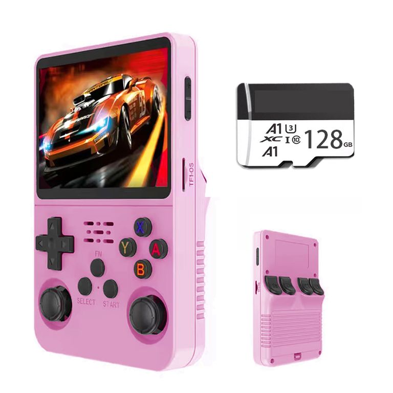 Consola Portatil Retro Game R36S 128GB Rosa y Estuche