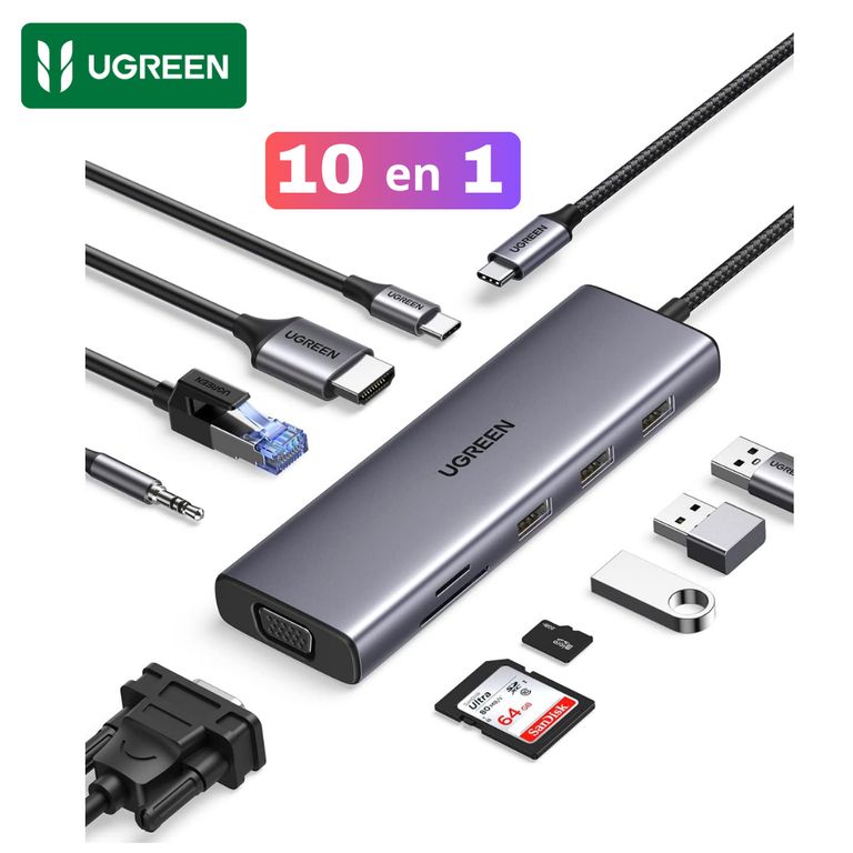 Adaptador Tipo C 10 en 1 Multiport Hub RJ45 Hdmi 4k VGA 100W