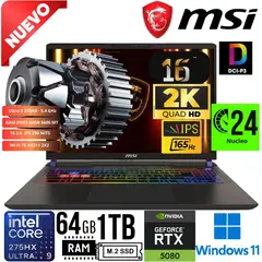 MSI - Laptop VECTOR 16 HX AI A2XWIG 16"2K 164HZ Ultra i9 275HX RAM 64GB. SSD 1TB. RTX 5080 16GB W11