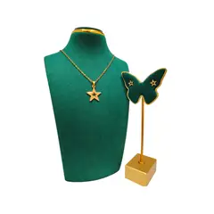 GENERICO - Pack Acero Collar con dije y Aretes - Bordes Estrella Dorada