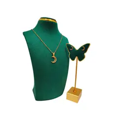 GENERICO - Pack Acero Collar con dije y Aretes - Bordes Luna Dorada