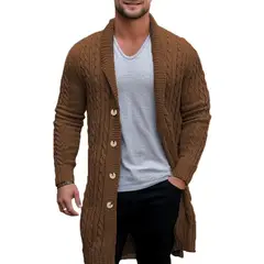 GIOIO - Cárdigan Hombre Punto Cable Medio Largo Urbano Premium Lana Tejido​