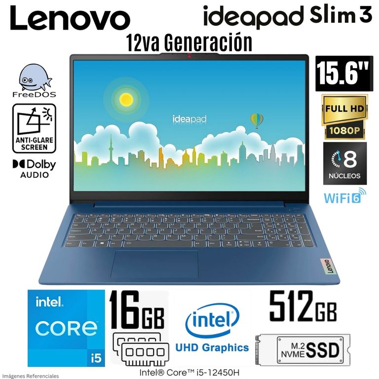Laptop IdeaPad Slim 3 Intel Core i5-12450H 16GB RAM 512GB SSD 15.6" FHD Free Dos - 83ER001DLM