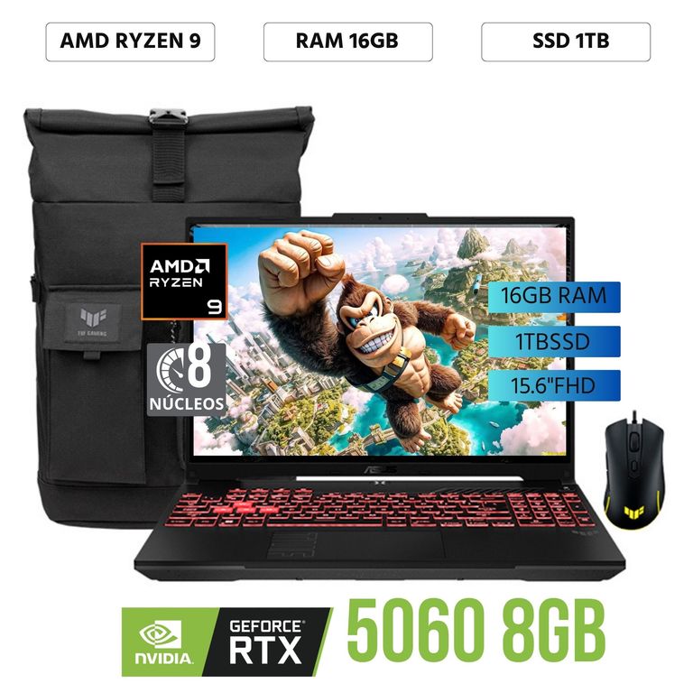 Laptop Tuf FA608PM-RV078 AMD Ryzen 9 8940HX Ram 16Gb SSD 1Tb 1 RTX 5060 8Gb 16"WUXGA FreeDos