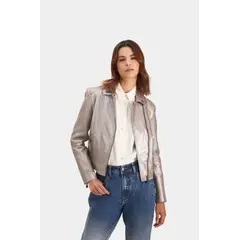 VELEZ - Vélez Casaca Biker Urano En Cuero Con Tejidos Mujer Plata