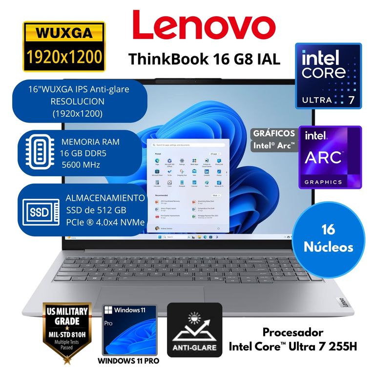Laptop ThinkBook Intel Core Ultra 7 (16 G8 IAL) RAM 16 GB SSD 512 GB 16"WUXGA Windows 11 PRO