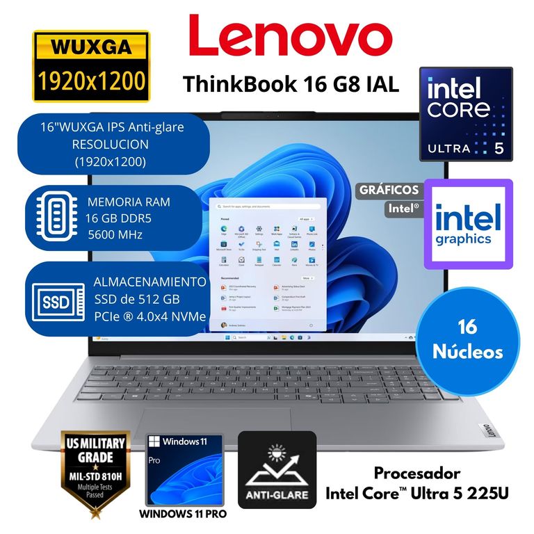 Laptop ThinkBook Intel Core Ultra 5 (16 G8 IAL) RAM 16 GB SSD 512 GB 16"WUXGA Windows 11 PRO