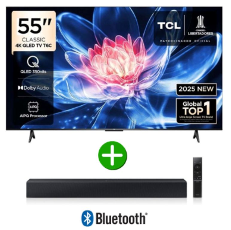 Televisor 55" QLED Smart TV UHD 4K Año 2025 con Google TV 55T6C + Barra de sonido
