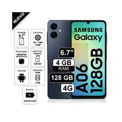 SAMSUNG - Celular Galaxy A06 128GB, 4GB ram, cámara 50MP + 2 MP frontal 8MP 6.7" negro + Cargador 15W
