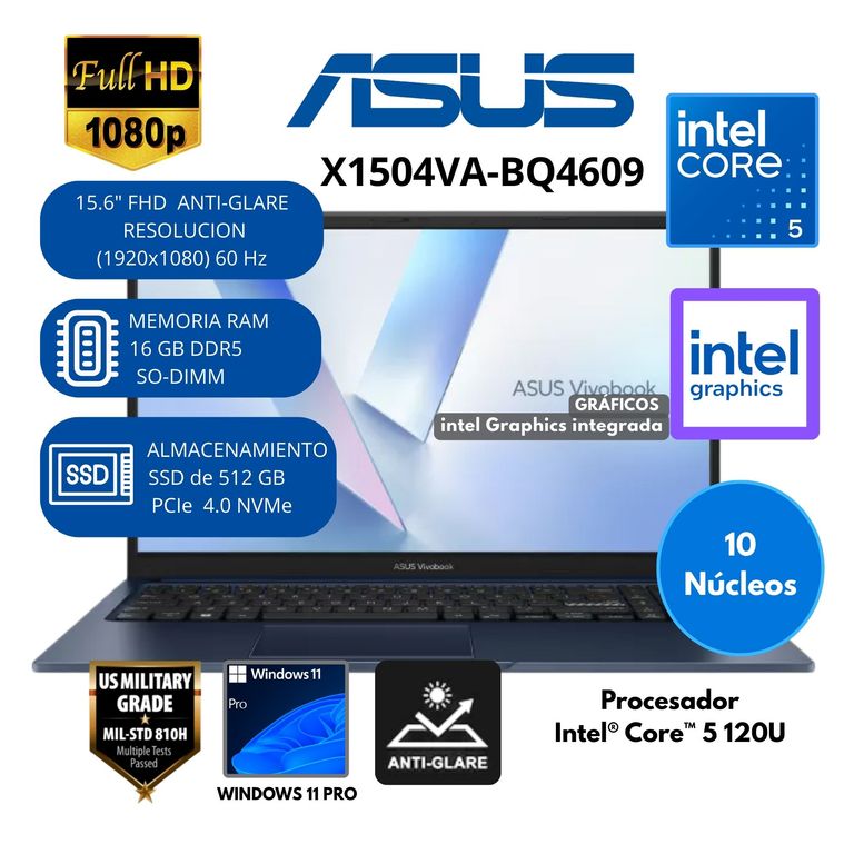 Laptop Vivobook Intel Core 5 (X1504VA-BQ4609) RAM 16 GB SSD 512 GB 15.6" FHD Windows 11 PRO