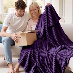 GENERICO - Manta de franela de microfibra de felpa con diseño de rayas MORADO