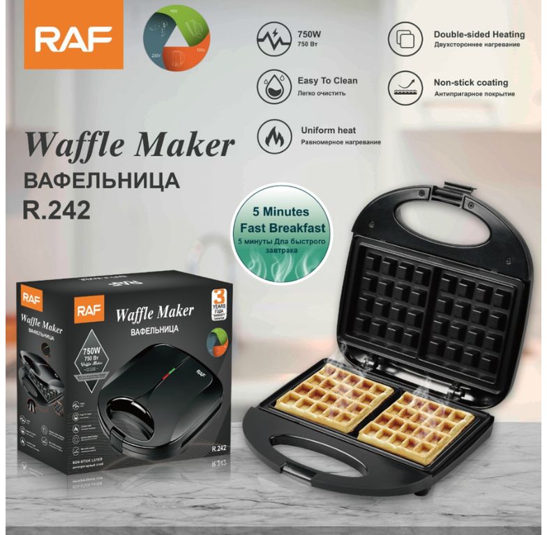 Maquina Eléctrica Waflera Doble Cara Antiadherente 750W RAF