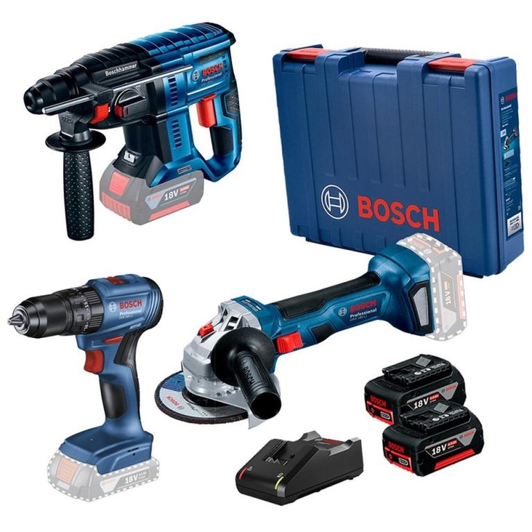 Amoladora 5" Inc 2 Bat + Rotomartillo Sds-Plus + Taladro Perc 1/2" 18V Brushless