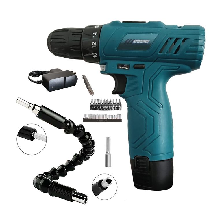 Taladro Inalámbrico 12V + 1 Batería + Extensor flexible 21 Accesorios