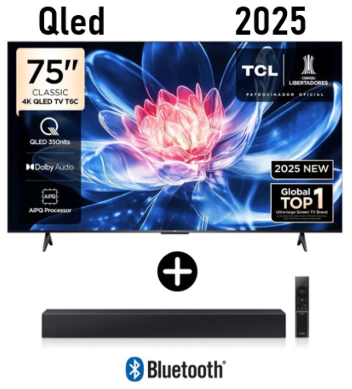 Televisor QLED 75" UHD 4K Smart TV 75T6C Modelo 2025 + Soundbar C-400
