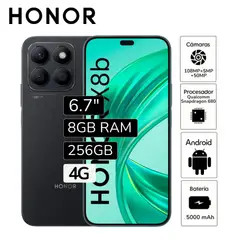HONOR - Celular Libre X8B 8GB RAM 256GB cámara principal 108MP + 5MP frontal 50MP 6.7" Pulg - Negro