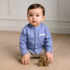 LE PETIT COMPANY - Camisa Bebé Niño Celeste Cuello Mao - 100% Algodón