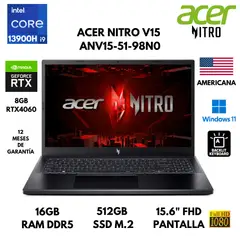 ACER - LAPTOP NITRO V15 ANV15-51-98N0 CORE I9-13900H 16GB RAM 512GB SSD 8GB RTX4060 156 AMERICANA