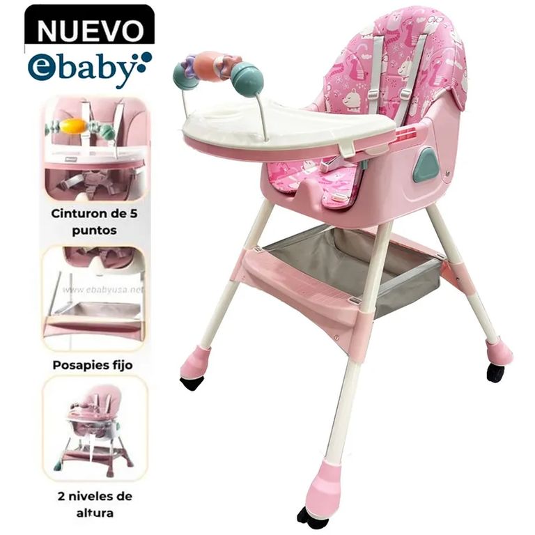 Silla de Comer Plegable Con Ruedas Doble bandeja LULU- ROSADO