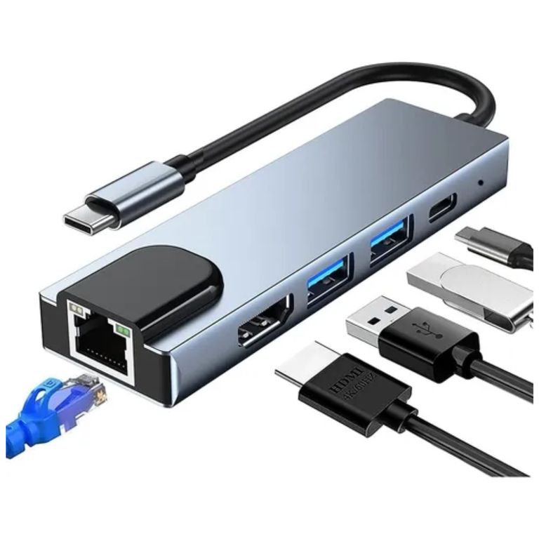 Hub Adaptador USB-C 5 en 1 Convertidor HDMI 4K RJ45 USB Tipo-C