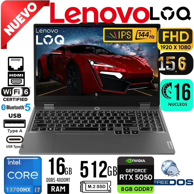 LAPTOP GAMING LOQ 15IRX10 15 6" FHD IPS 144Hz CORE i7 13700HX RAM 16GB SSD 512GB RTX 5050 8GB