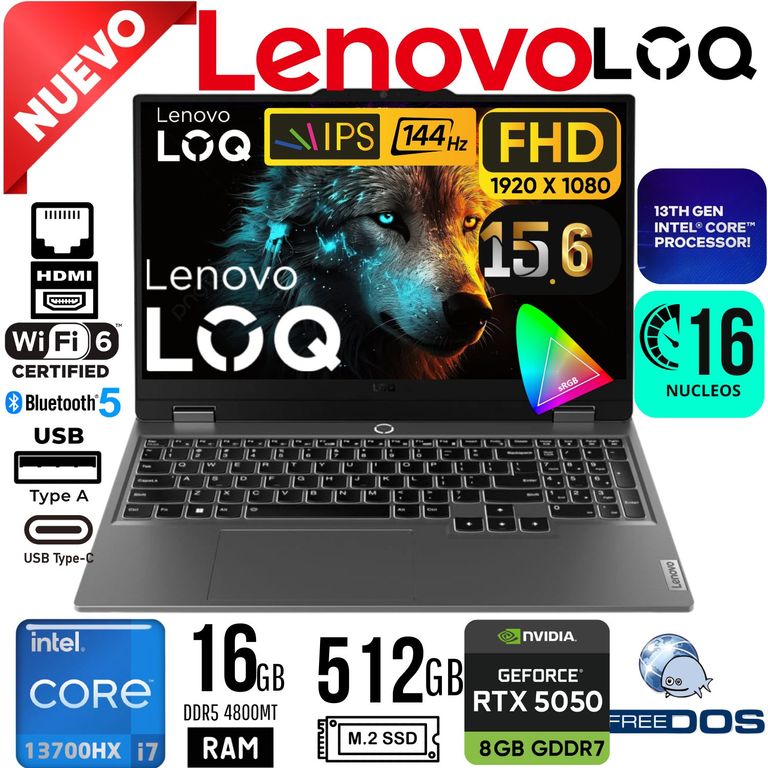 LAPTOP GAMING LENOVO LOQ 15IRX10 156" FHD IPS 144Hz CORE i7 13700HX RAM 16GB SSD 512GB RTX 5050 8GB