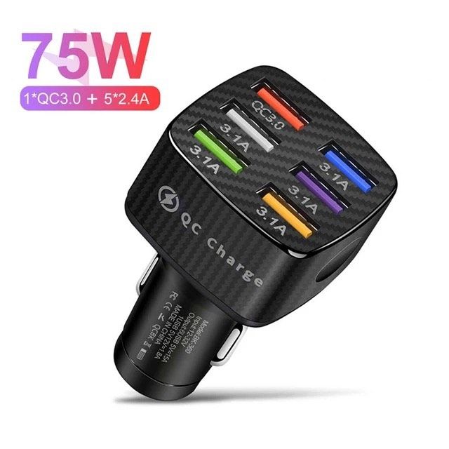 CARGADOR CELULAR PARA AUTO 75W NEGRO DE 6 PUERTOS USB-A CARGA RAPIDA