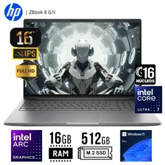 HP - LAPTOP Zbook 8 G1i CORE ULTRA 7 255H RAM 16GB SSD 512GB ARC 140T GPU 16" LCD LED WUXGA WIN 11