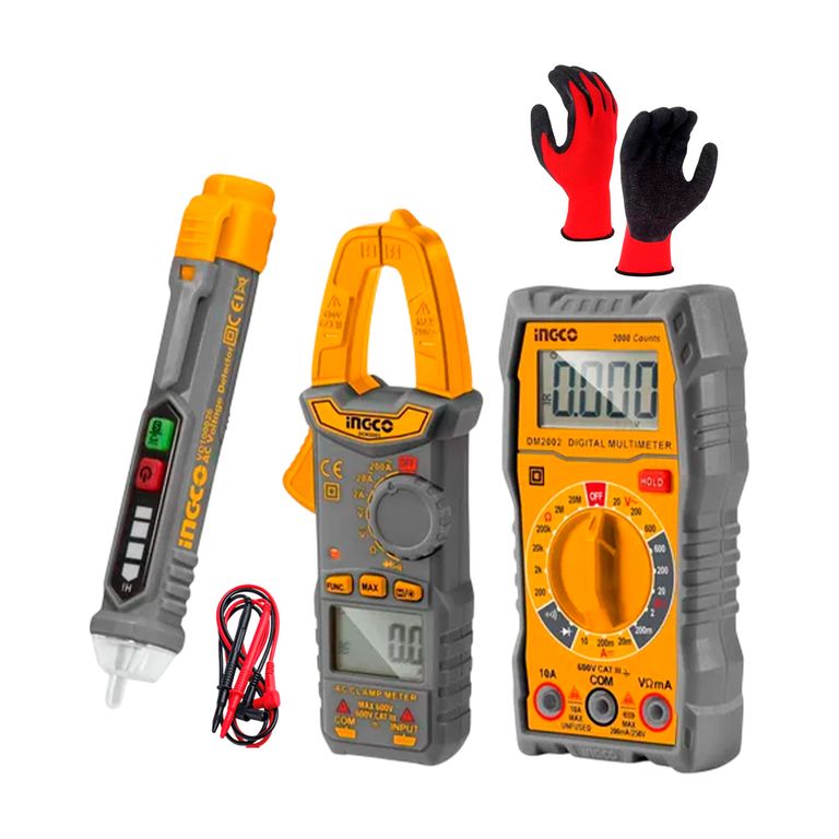Kit Pinzaamp + Multímetro Y Detector Voltaje + Guante Rojo Dm3028