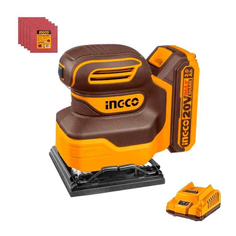 Lijadora Orbital 1 Batería 20v + Cargador + 5 Lijas Ingco