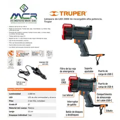 TRUPER - LINTERNA PLASTICA LED 2000 LUMENES IP67 USB-C