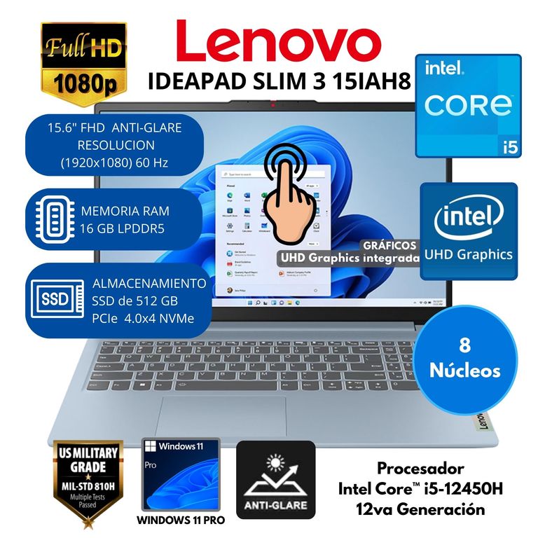 Laptop IDEAPAD SLIM 3 Intel Core i5 RAM 16 GB SSD 512 GB 15.6" FHD táctil Windows 11 PRO