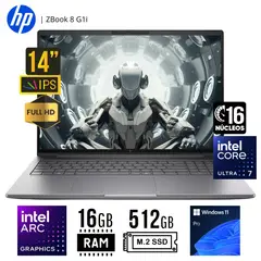 HP - LAPTOP Zbook 8 G1i CORE ULTRA 7 255H RAM 16GB SSD 512GB ARC 140T GPU 14" LCD LED WUXGA WIN 11