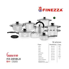 FINEZZA - Juego de Ollas de Acero Inoxidable 18 Piezas FZ-2018LX