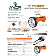 TRUPER - Linterna plástica de LED 300 lm, recargable,
