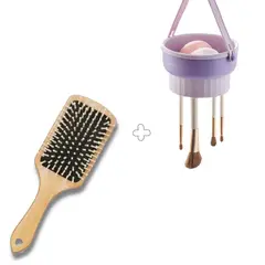 GENERICO - COMBO PEINE DE MADERA GRANDE ANTIFRIZZ CON LIMPIADOR DE BROCHAS LAVANDA