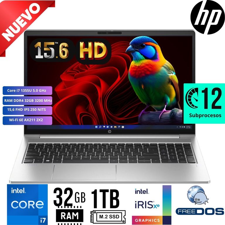 Laptop 250 G10 Intel Core i7 1355U Ram 32Gb SSD 1Tb 15.6"HD Free Dos