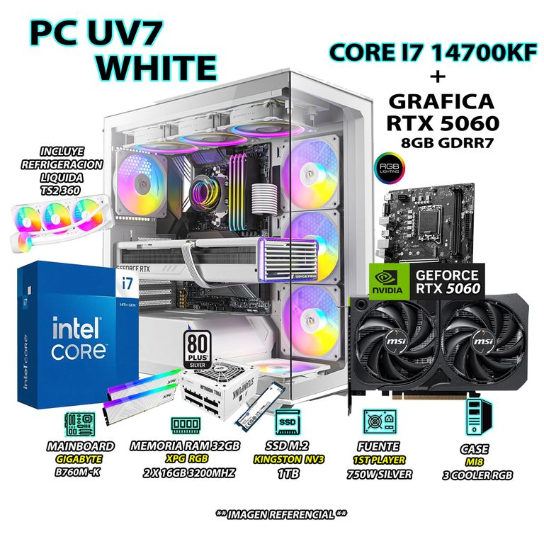Computadora PC Gamer Core i7 14700KF RAM 32GB SSD 1TB GRAFICA RTX 5060 8GB