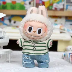 DISEÑO ORIGINAL - Ropa Labubu Polo Rayas Green Yellow Short Rasgado con Cadena