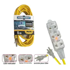 HOME LIGHT - EXTENSIÓN AMARILLA ELÉCTRICA 5MT CABLE VULCANIZADO 3 TOMAS