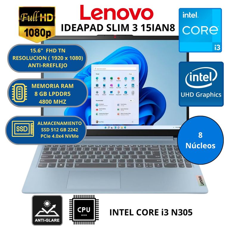 Laptop IDEAPAD SLIM 3 15IAN8 INTEL CORE i3 -RAM 8GB SSD 512 GB 15.6" FHD WINDOWS 11