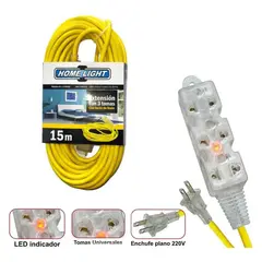 HOME LIGHT - EXTENSIÓN AMARILLA ELÉCTRICA 15MT CABLE VULCANIZADO 3 TOMAS