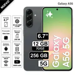 SAMSUNG - Celular Galaxy A56 5G 256GB 12GB RAM cámara principal 50MP frontal 12MP 67 negro
