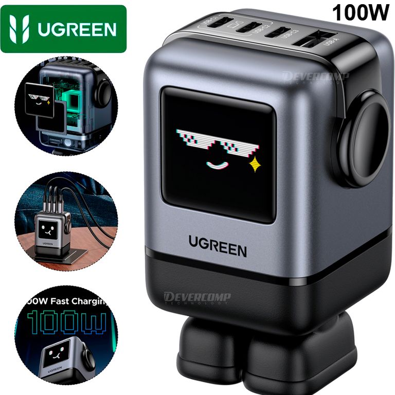 Cargador Uno 100W GaN X688 Robot Pantalla TFT 4 Puertos