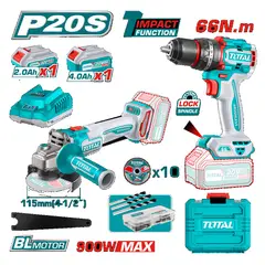 TOTAL TOOLS - COMBO KIT INDUSTRIAL: TALADRO PERCUTOR 66NM 13MM + AMOLADORA 41/2" BRUSHLESS TOTAL - TCKLI20273