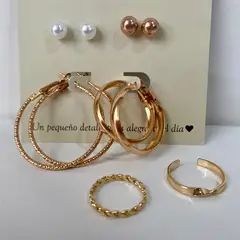 GENERICO - Set de aretes por 4 unidades y 2 anillos Girl four
